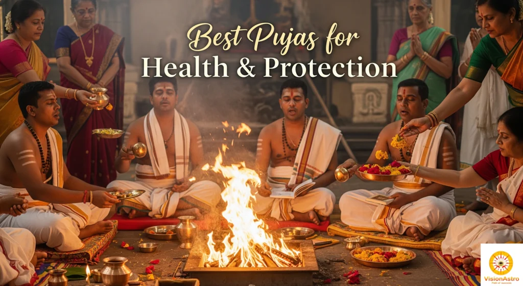 Vedic health and protection puja with offerings, fire ritual, and mantra chanting at ancient temple