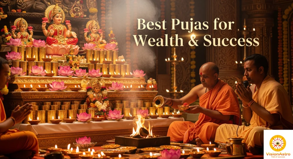 Wealth and success puja with offerings of gold, flowers, and fire ritual at ancient temple
