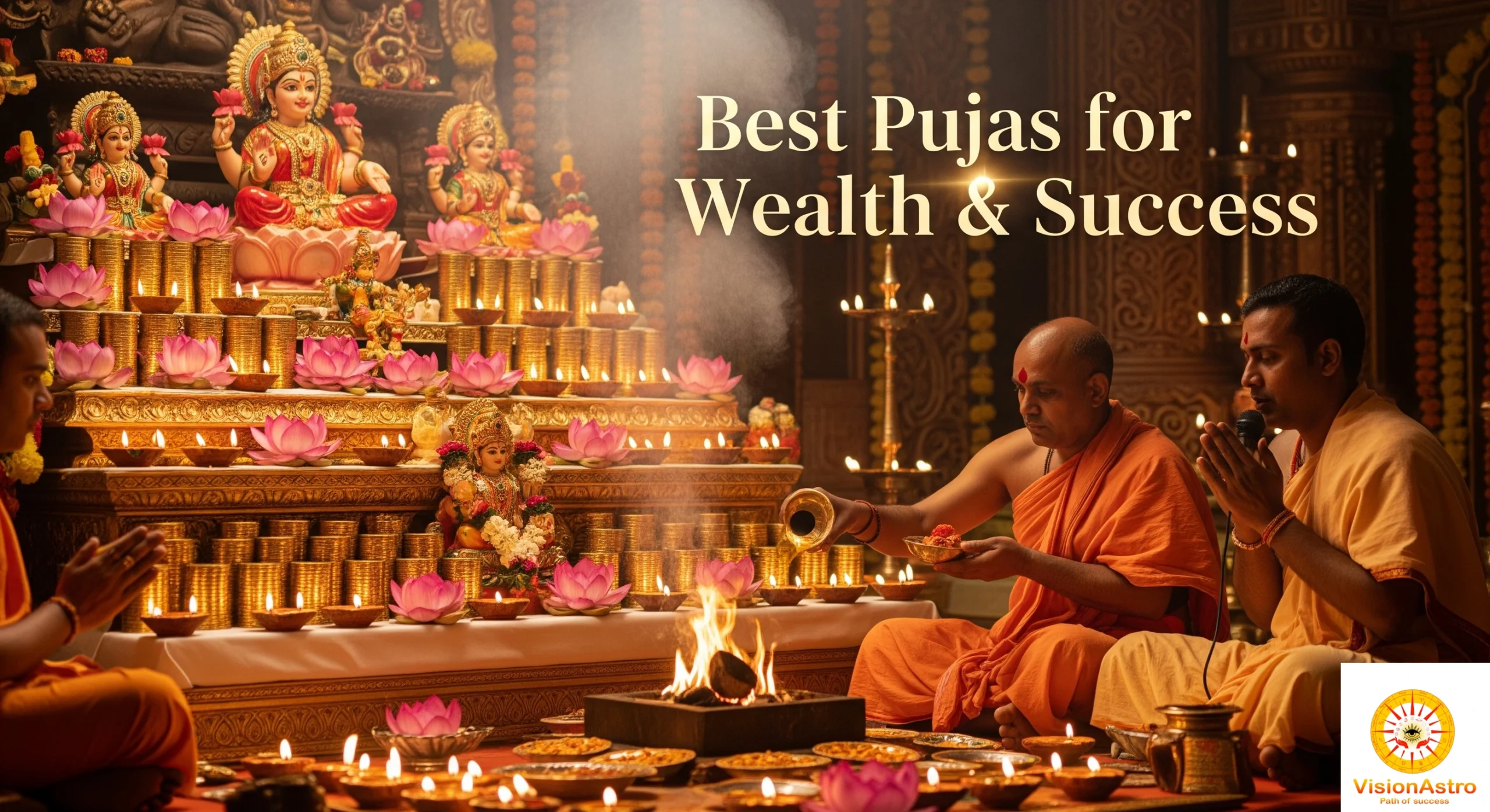 Wealth and success puja with offerings of gold, flowers, and fire ritual at ancient temple