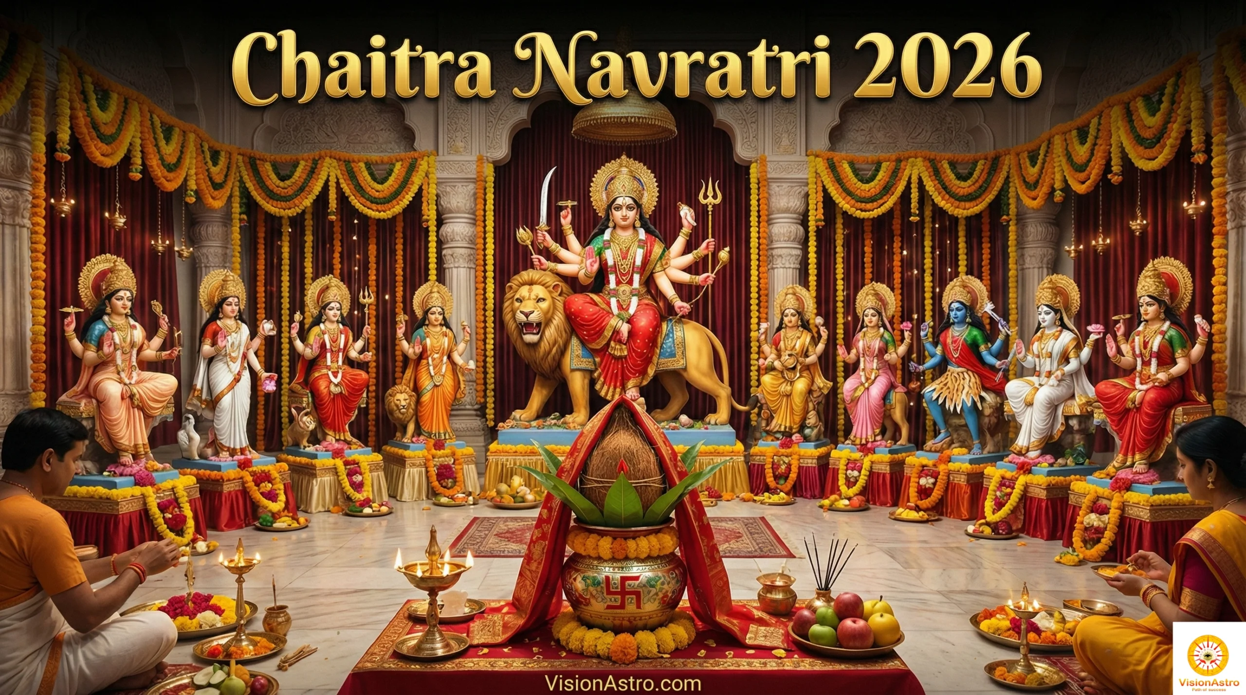Chaitra Navratri 2026 puja with Durga idol, kalash sthapana and devotees performing rituals